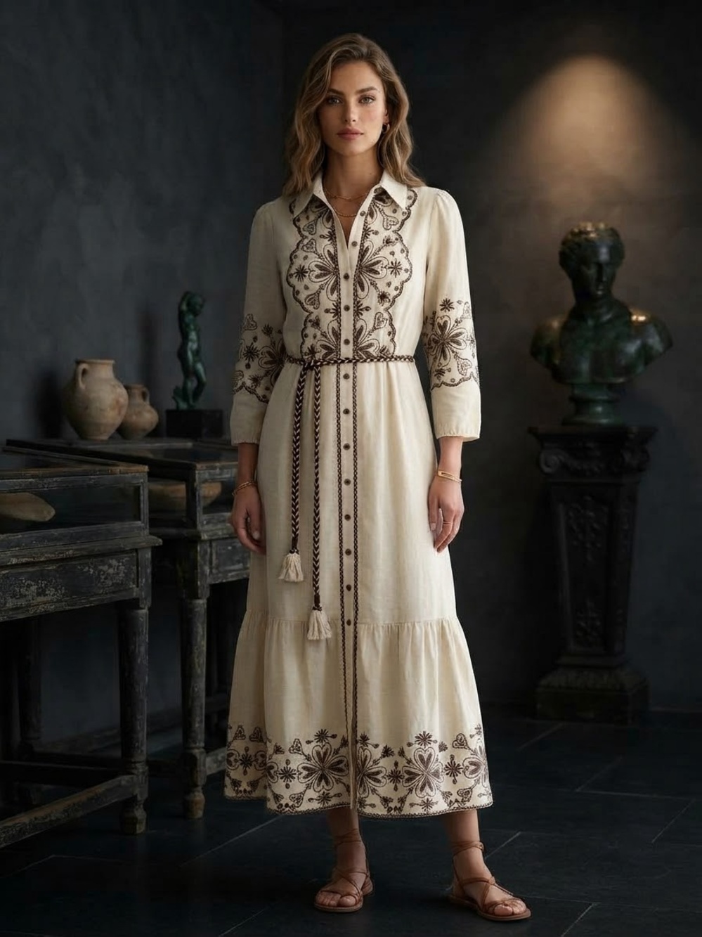 Cream Embroidered Maxi Shirt Dress with Braided Tassel Belt